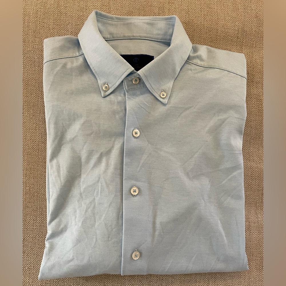 David Donahue Fusion Soft Pique Knit Button Down Shirt in Aqua Size 16 M/L $155